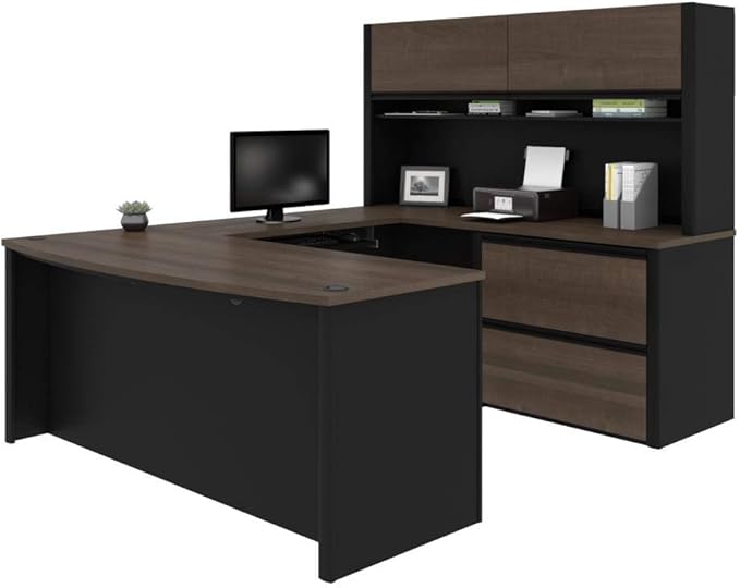 Bestar Connexion 72W U-Shaped Executive Desk with Lateral File Cabinet and Hutch in Antigua & Black