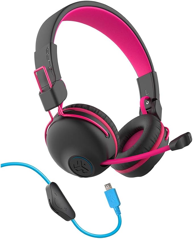 JLab JBuddies Play Gaming Wireless Kids Headset, Pink, 22+ Hour Bluetooth 5 Playtime 60ms Super-Low Latency for Mobile Gameplay, Retractable Boom Mic, AUX Cord Compatible w/Gaming Consoles