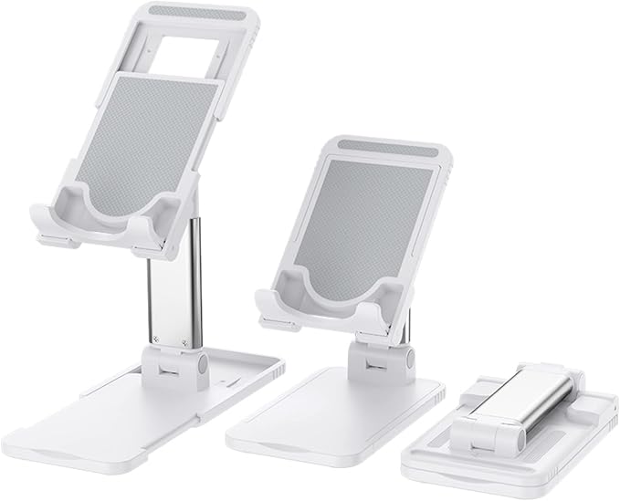 Cell Phone Tablet Stand Mount Fully Foldable Dock Holder Cradle Charger Station Desk Room Office School Kitchen Travel Portable Adjustable Multi-Angle Non-Slip Durable Stable (White)