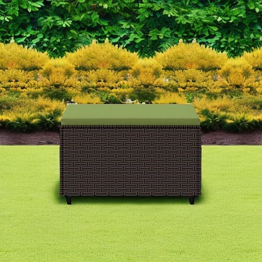 vidaXL Brown Poly Rattan Patio Footrest with Green Cushion - Weather- and Easy to Clean - Sturdy Powder-Coated Steel Frame - Modular Design for Personalized Garden Lounge Set Configurations