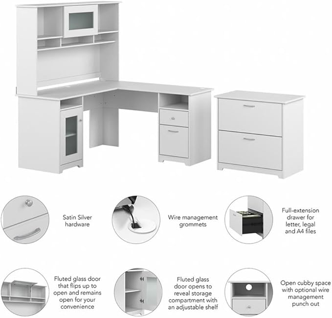 Pemberly Row 60W L Shaped Wood Desk Set, White Finish, Includes Hutch with Fluted Glass Door and Lateral File Cabinet, Built-in Wire Management, Adjustable Shelf, Home Office Furniture