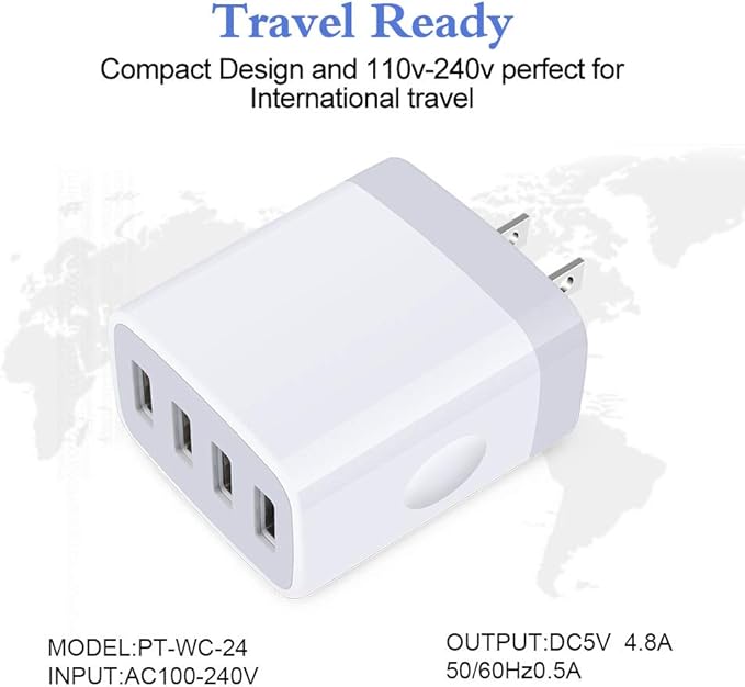 Multiple USB Wall Charger, HOOTEK 2Pack 4-Multi Port USB Charger Cube 4.8A Fast Charging Block Plug Box for iPhone 17 16e 16 15 14 13 12 Pro Max Samsung Galaxy A17 A16 A15 A56 A55 S25 Ultra S24 Ultra