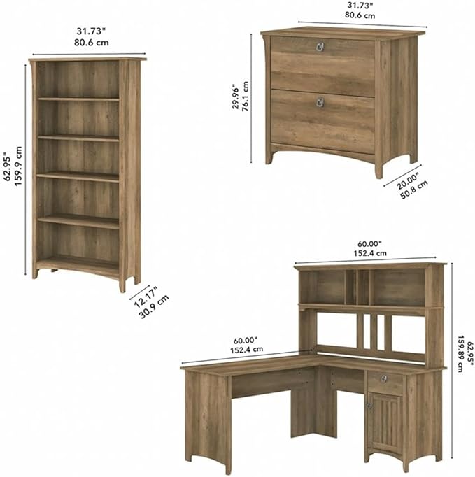 Pemberly Row Engineered Wood L Shaped Desk with Hutch & Storage, Reclaimed Pine Finish, 60W Corner Desk Set with File Cabinet and 5 Shelf Bookcase for Home Office Organization