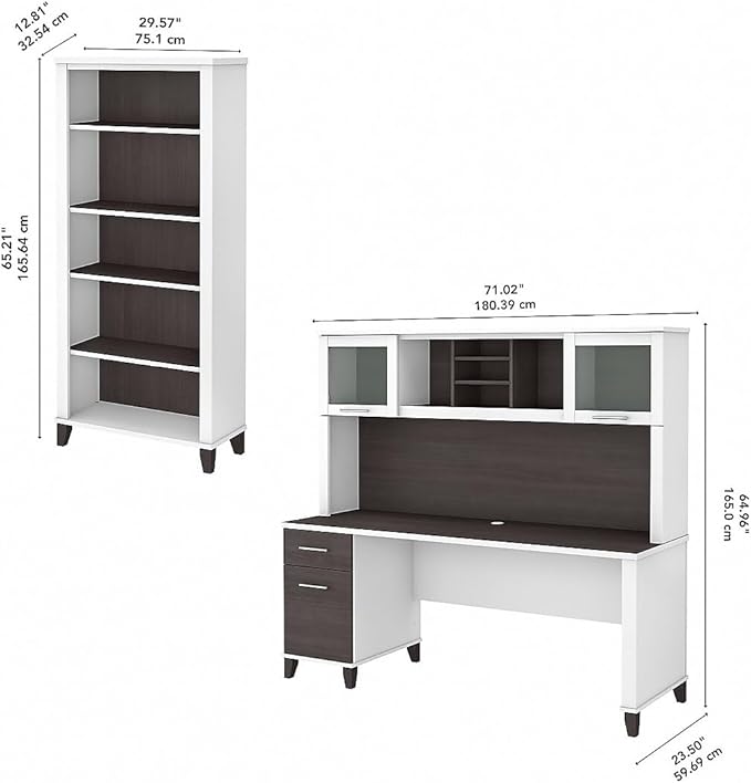 Bush Home Somerset 72W Office Desk with Hutch and 5 Shelf Bookcase in White and Storm Gray