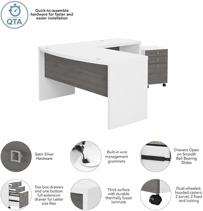 Bush Business Furniture Echo L Shaped Bow Front Desk with Mobile File Cabinet in Pure White and Modern Gray