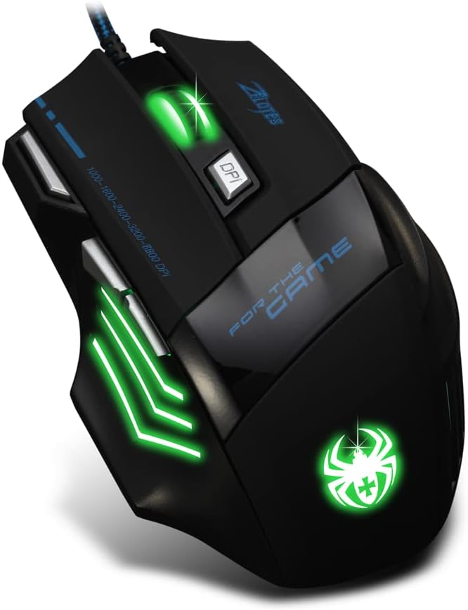 zelotes Wired Gaming Mouse with Fire Button,7200 DPI,7 Buttons,Ergonomic Design,LED Illumination,Corded Optical Mouse Mice for Laptop,PC,Mac,Black