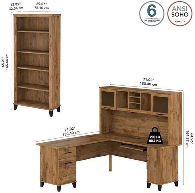 Bush Furniture Somerset 72W L Shaped Desk with Hutch and 5 Shelf Bookcase in Fresh Walnut