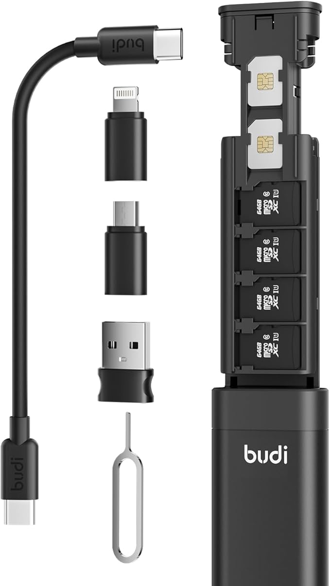 BUDI USB Adapter Kit，Multifunctional Compact Cable Card, Travel Portable Aluminum Storage Case with Micro USB A Type C Light, PD65W Charging Cable Set, Sim Card Tray Eject Tool and Slot Case-Black