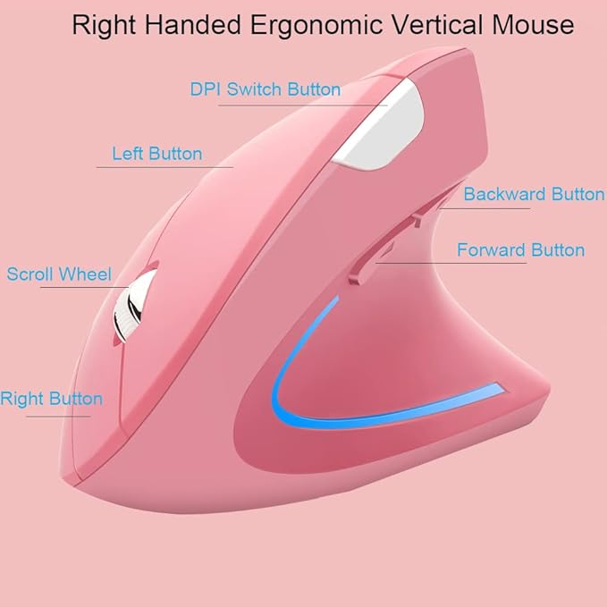 Wireless Mouse Ergonomic Vertical Mouse Ergo LED Light High Precision Optical Cordless Lightweight Mice Gift for Boy Girl Adults for PC Computer Laptop Mac Office,with Side Buttons, 800/1200/1600 DPI