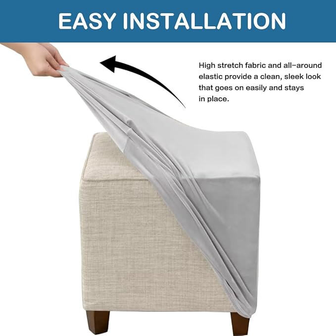Ottoman Cover Square Velvet Ottoman Covers Protector for Footrest Foot Stool Furniture Stretch Comfortable with Elastic Bottom Large Light Grey