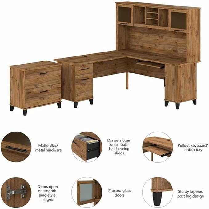 Pemberly Row 72W L Shaped Desk with Hutch and File Cabinet, Engineered Wood, Fresh Walnut Finish, Spacious Home Office Furniture Set with Storage for Files and Supplies