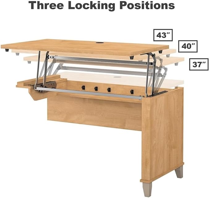 Pemberly Row 72W Sit to Stand L Desk with Hutch, Maple Cross Finish, Engineered Wood, Adjustable Height, Frosted Glass Doors, File Drawer, Office Storage, Ergonomic L Shaped Workspace