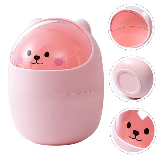 Luxshiny Cute Bear Desktop Trash Can Lid Mini Plastic Wastebasket for Home and Office Slim Garbage Bin for Bedroom and Desk