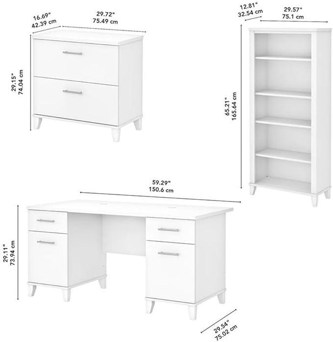 Pemberly Row Engineered Wood 60W Office Desk with File Cabinet & 5 Shelf Bookcase, White Finish, Durable Home Office Set with Storage Drawers, Adjustable Shelves, Wire Management