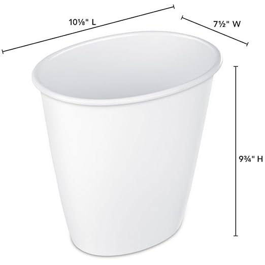 Sterilite 1.5 Gallon Oval Vanity Wastebasket, Small, Open Top Trash Can for the Bathroom, Bedroom, Dorm Room or Office, Plastic, White, 12-Pack