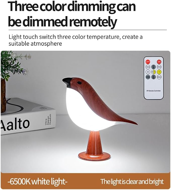 Remote control bird desk lamp in mahogany color, rechargeable small desk lamp with 3 color temperatures, remote control and touch sensor, capable of playing bird calls, built-in battery drive