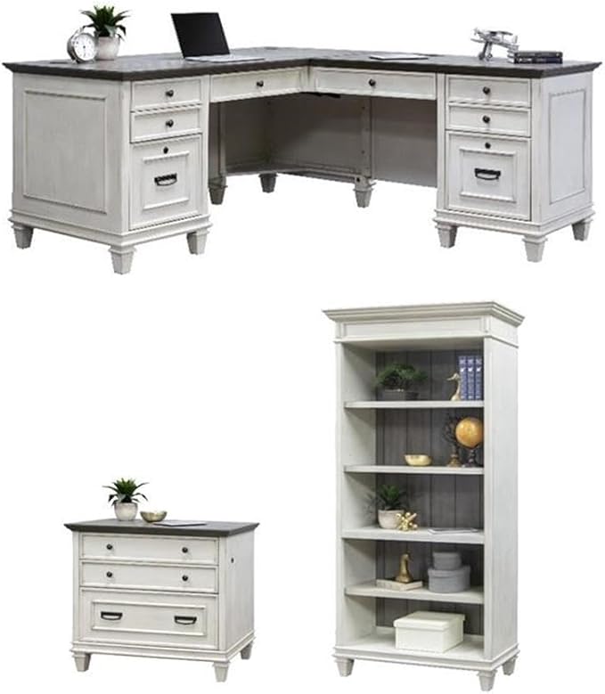 BOWERY HILL Set of 3 L-Shaped Office Desk & Open Bookcase & File Cabinet - White