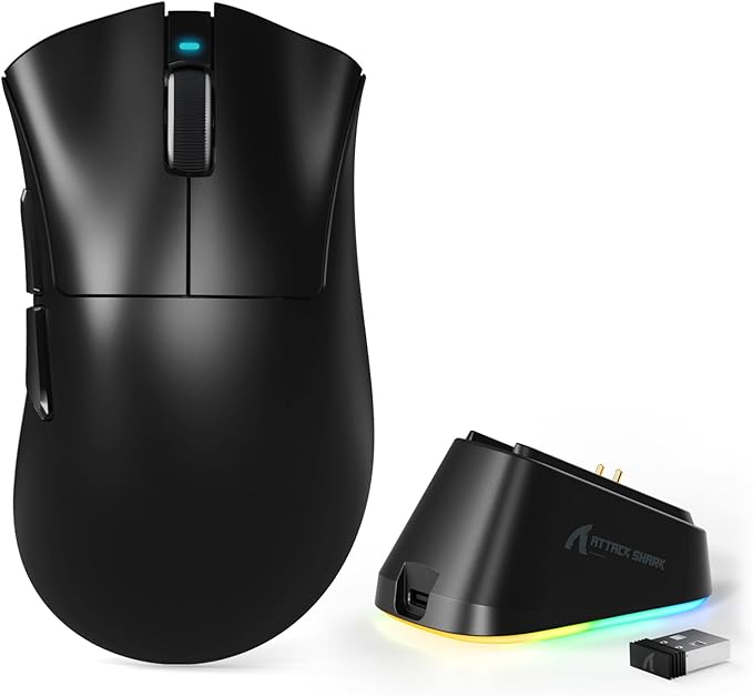MAMBASNAKE Attack Shark V3 PRO 62g Superlight Wireless Gaming Mouse,RGB Magnetic Charging Dock,BK52820 Tri-Mode BT/2.4G Wireless/Wired Mouse,25000DPI,500mAh,5 Programmable Buttons for Pc/Mac,Black