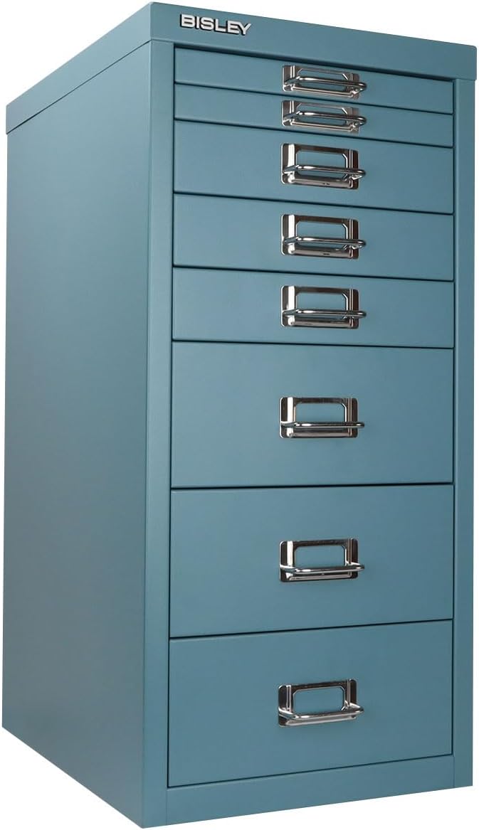 Bisley 8-Drawer Steel MultiDrawer Cabinet - Doulton Blue, Chrome Pull Handles with Label Holders, Powder-Coated Steel, Removable Drawers, Fits Under Most Desks, Labels Included