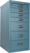 Bisley 8-Drawer Steel MultiDrawer Cabinet - Doulton Blue, Chrome Pull Handles with Label Holders, Powder-Coated Steel, Removable Drawers, Fits Under Most Desks, Labels Included