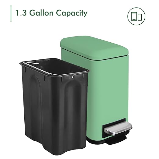 Small Bathroom Trash Can with Lid, Trash Can with Removable Liner, Soft Close lid & Step Pedal, Stainless Steel Trash Bin for Bathroom,Bedroom,Home Office (Green, 1.3 Gallon)