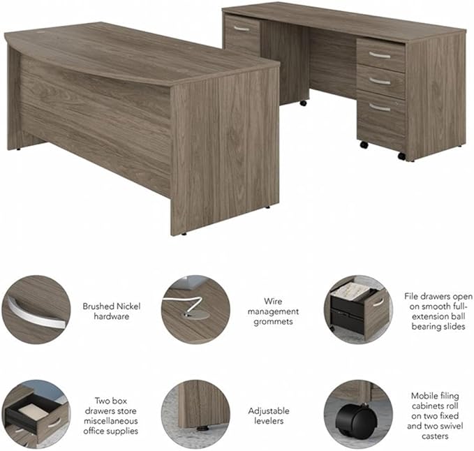 BOWERY HILL Office Desk Set, 72W Bow Front Desk, 72W Credenza, Engineered Wood, Modern Hickory Finish, Mobile File Cabinets with Full-Extension Drawers, Durable Workspace for Home Office Use