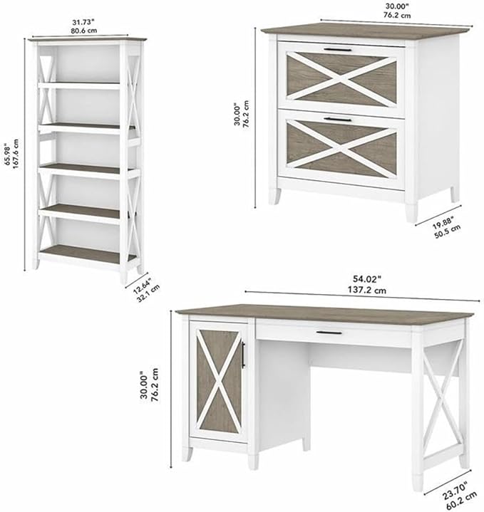 Bush Furniture Key West 54W Computer Desk with 2 Drawer Lateral File Cabinet and 5 Shelf Bookcase in Pure White and Shiplap Gray