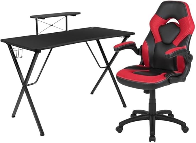 BOWERY HILL 2 Piece Gaming Desk Set with Monitor Stand, Black and Red, 51.5" W Desk and Adjustable Gaming Chair, Cable Management, Cup Holder, Headset Hook, Ergonomic Lumbar Support for Gaming Setup