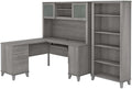 Pemberly Row 60W L Shaped Desk with Hutch and 5 Shelf Bookcase, Gray Finish, Engineered Wood, Wire Management, Pull-Out Tray, Storage Drawers, Frosted Glass Doors, Home Office Furniture Set