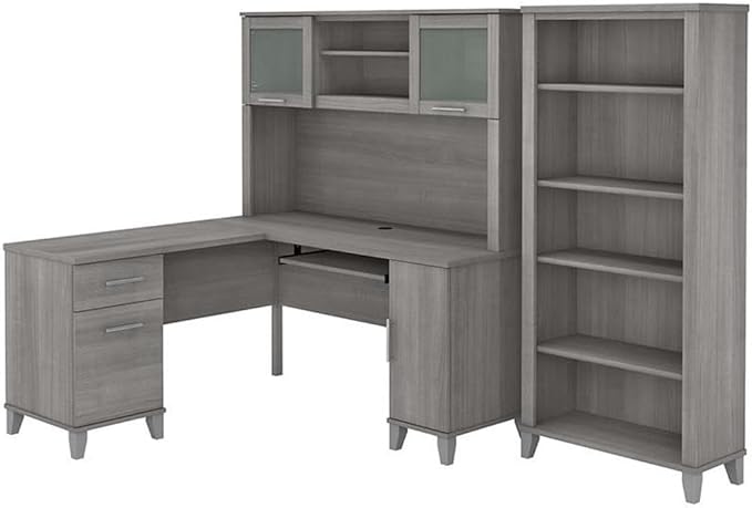 Pemberly Row 60W L Shaped Desk with Hutch and 5 Shelf Bookcase, Gray Finish, Engineered Wood, Wire Management, Pull-Out Tray, Storage Drawers, Frosted Glass Doors, Home Office Furniture Set