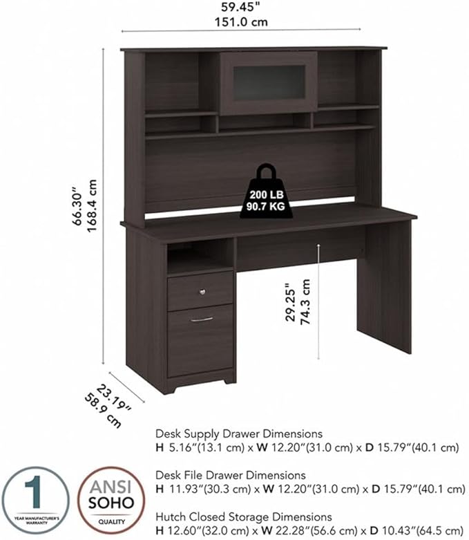 Bush Furniture Cabot 60W Single Pedestal Desk and Hutch, Heather Gray