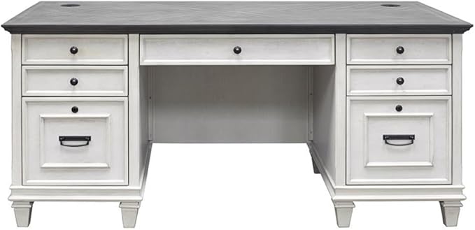 BOWERY HILL Set of 2 Double Pedestal Desk and Open Bookcase in White