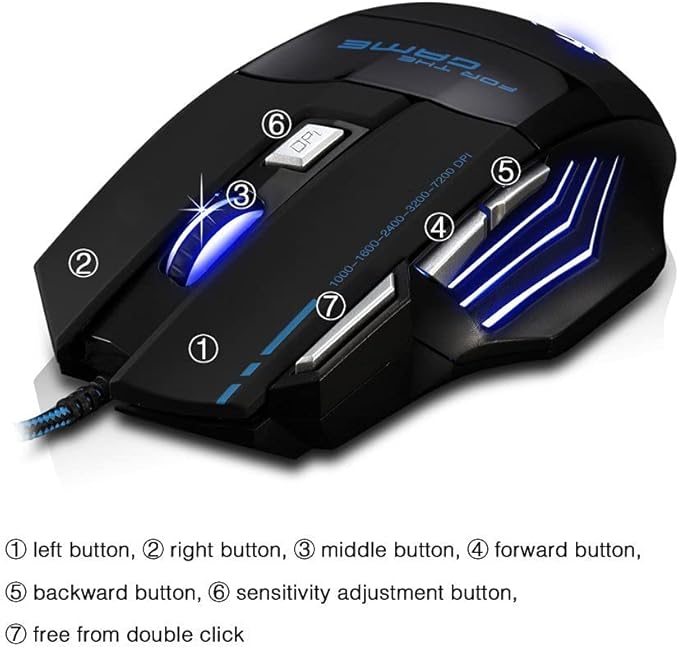 AFUNTA Zelotes Ergonomic 7200 DPI LED Optical Wired Gaming Mouse Mice 7 Buttons Compatible Mac Pro Gamer PC Laptop Desktop Notebook-Black Black(T80)