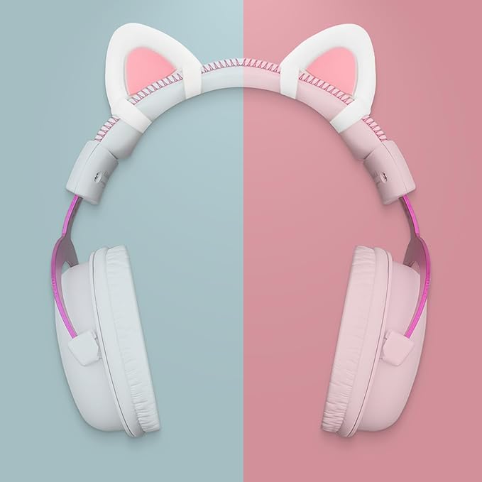 REEYEAR Cute Pink Cat Ears Fits for HypreX Cloud/Cloud Stinger/Cloud Flight Headsets, Universal Fit Lovely Kitty Adjustable Attachment Straps for Video Live Gaming Headphone,White & Pink