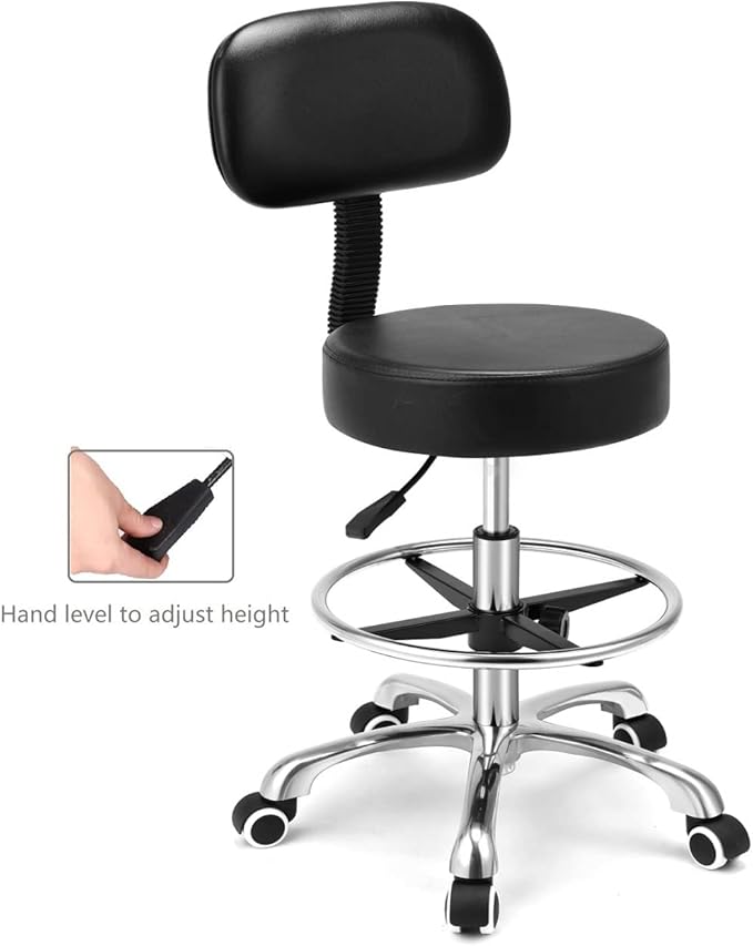 Kaleurrier Rolling Swivel Adjustable Heavy Duty Drafting Stool Chair for Salon Medical Kitchen Lab Clinic Dental Office and Home uses,with Wheels and Back Support (Black with Footrest)