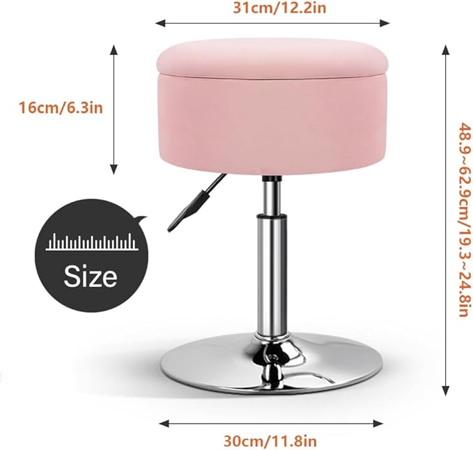 KKTONER Velvet Round Vanity Stool with Storage Height Adjustable Makeup Chair with Swivel Base Non-Slip Small Vanity Stool for Spa Salon Dressing Room Bedroom (Pink)