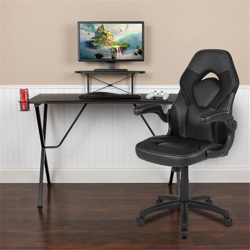 BOWERY HILL 2 Piece Gaming Desk Set with Monitor Stand, Black Laminate Finish, Ergonomic High Back Chair with Flip-Up Arms, Cable Management, Cup Holder, Contemporary Design for Home Office or Gaming