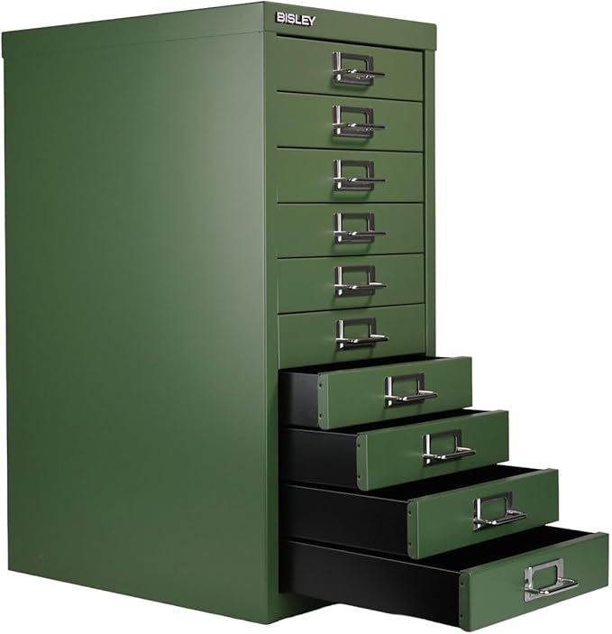Bisley 10-Drawer Steel MultiDrawer Cabinet - Olive Green, Chrome Pull Handles with Label Holders, Powder-Coated Steel, Removable Drawers, Fits Under Most Desks, Labels Included