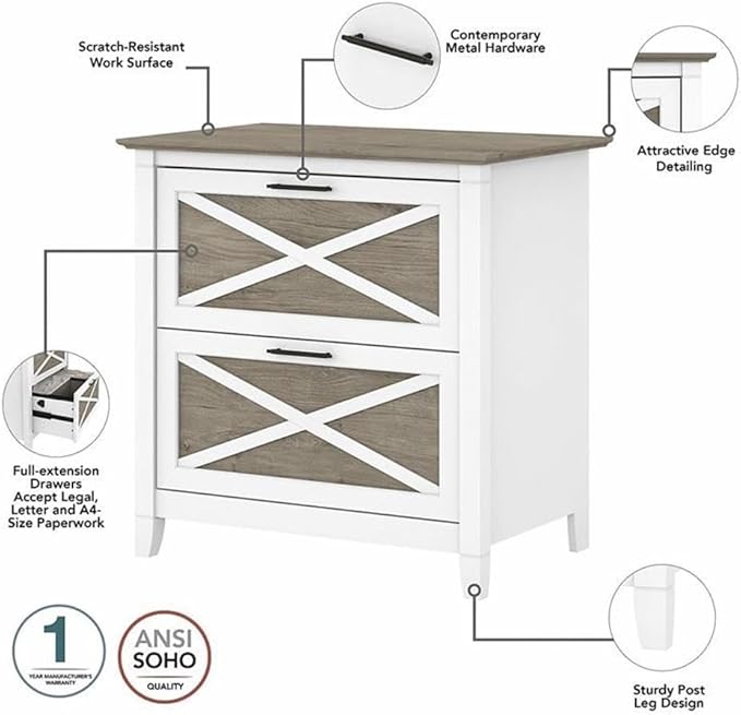 Bush Furniture L Shaped Desk with Lateral File Cabinet | Key West Collection Corner Computer Table with Storage for Home Office with Filing Unit | 60Wx60Dx30H