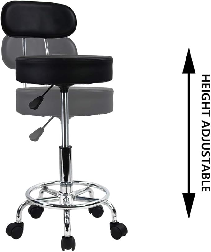 KKTONER PU Leather Rolling Stool Mid-Back with Footrest Height Adjustable Office Computer Home Drafting Swivel Task Chair with Wheels (Black)