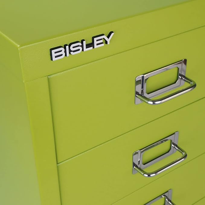 3-Drawer Steel MultiDrawer Cabinet - Bisley Green, Chrome Pull Handles with Label Holders, Powder-Coated Steel, Removable Drawers, Desktop Storage, Labels Included by Bisley