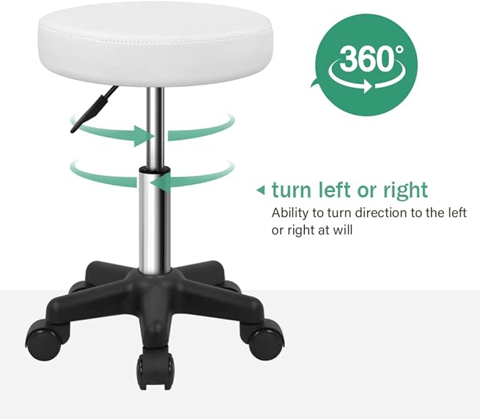 FURWOO Round Rolling Stool Height Adjustable Stool with Wheels for Spa Salon Massage White