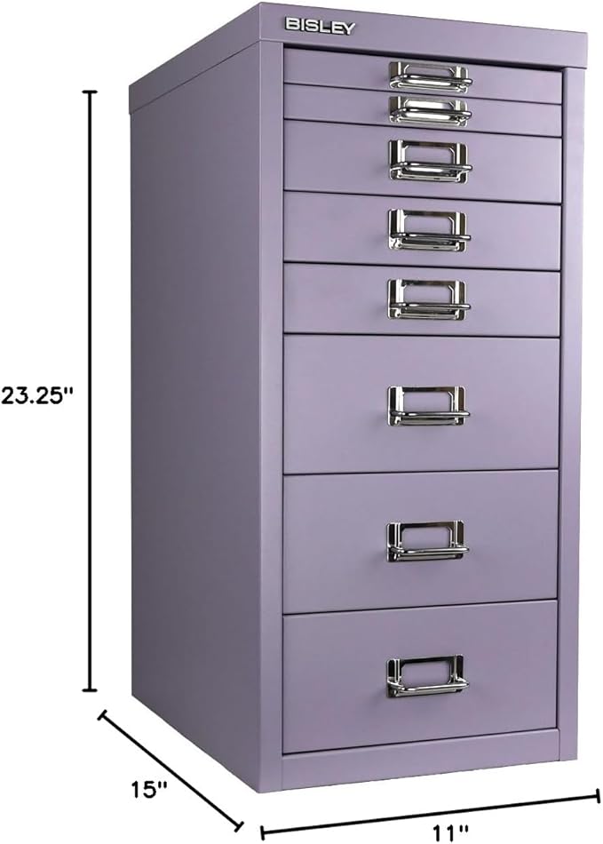 Bisley 8-Drawer Steel MultiDrawer Cabinet - Lilac, Chrome Pull Handles with Label Holders, Powder-Coated Steel, Removable Drawers, Fits Under Most Desks, Labels Included