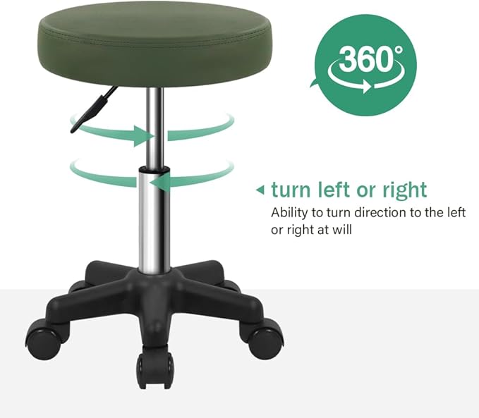 FURWOO Round Rolling Stool Height Adjustable Stool with Wheels for Spa Salon Massage Green