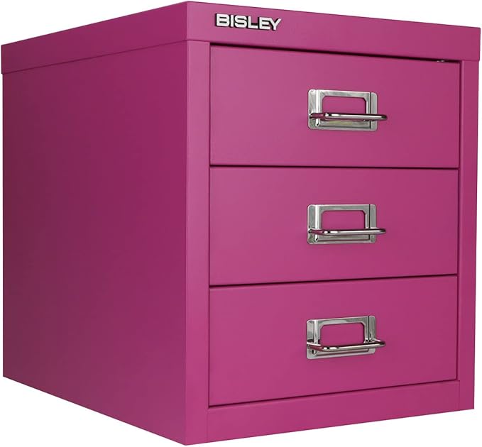 Bisley 3-Drawer Steel MultiDrawer Cabinet - Fuchsia, Chrome Pull Handles with Label Holders, Powder-Coated Steel, Removable Drawers, Desktop Storage, Labels Included