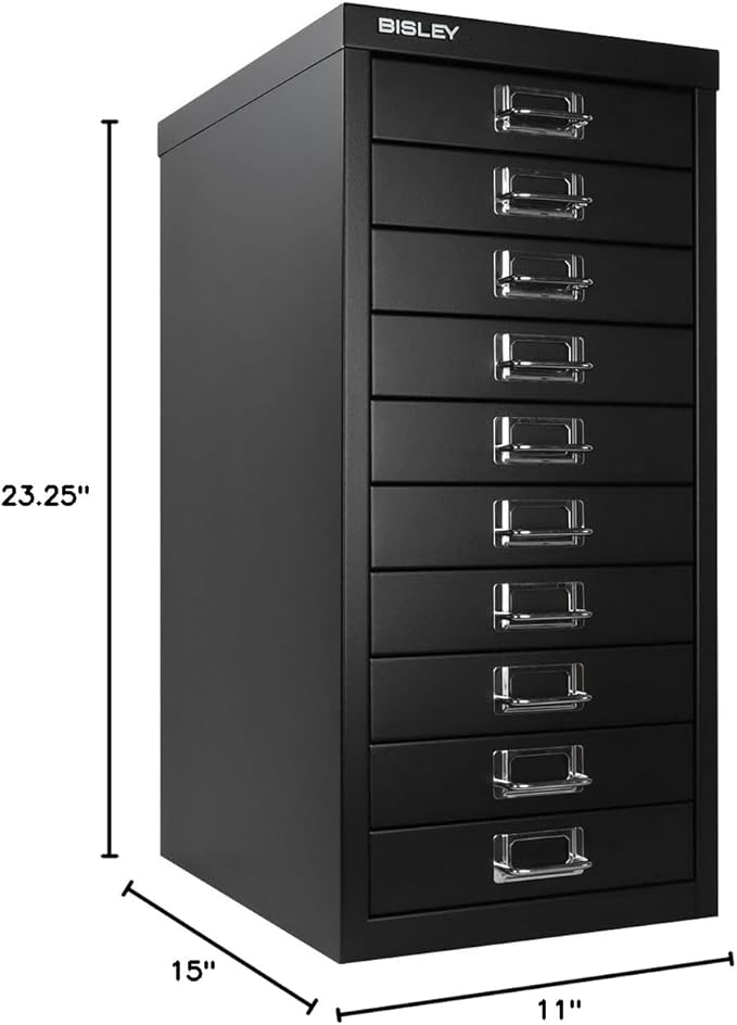 Bisley 10-Drawer Steel MultiDrawer Cabinet - Black, Chrome Pull Handles with Label Holders, Powder-Coated Steel, Removable Drawers, Fits Under Most Desks, Labels Included