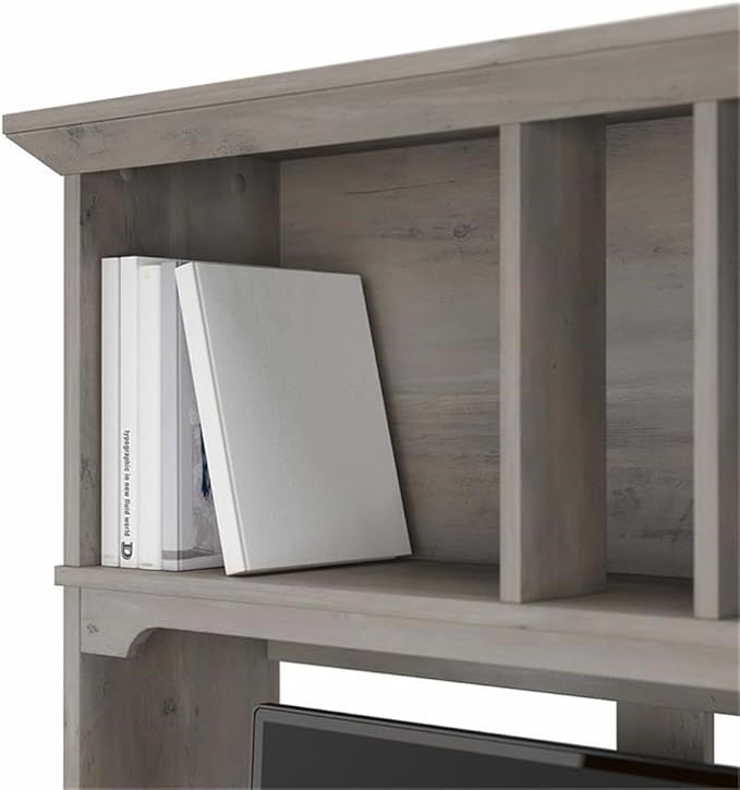 Pemberly Row 60W Hutch for L Shaped Desk, Driftwood Gray Finish, Engineered Wood, Open Cubby Storage, Modern Farmhouse Style Workspace Organizer, Fits Large Monitors or Dual Monitors