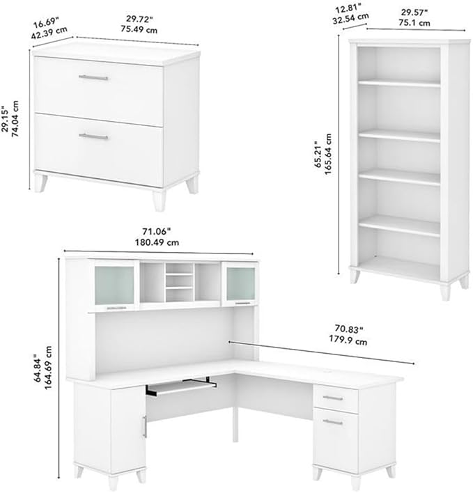 Pemberly Row 72W L Shaped Desk Set with Hutch, Storage, Lateral File Cabinet, and 5 Shelf Bookcase, Engineered Wood, White Finish, Functional Home Office Furniture