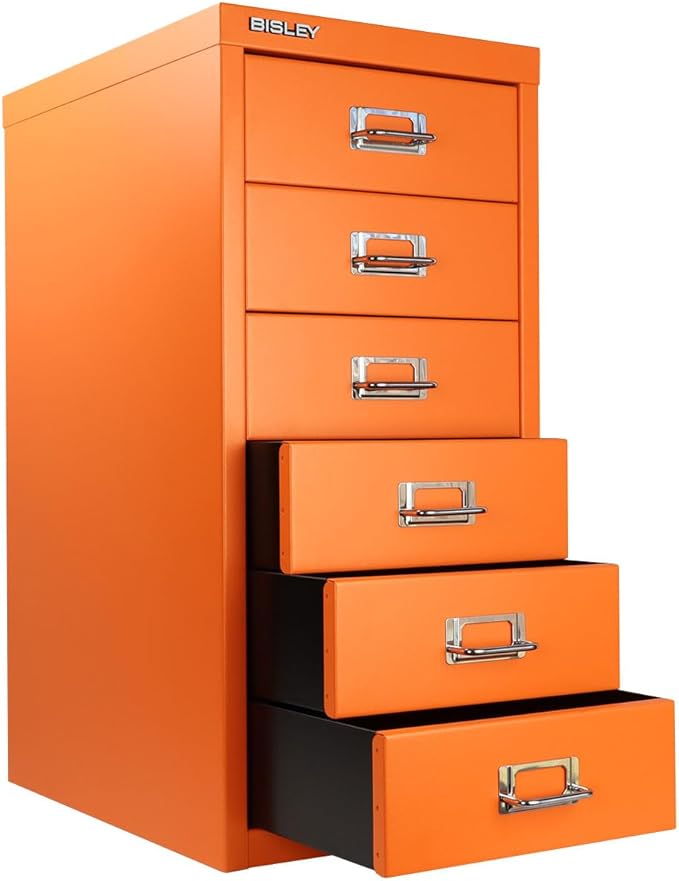 6-Drawer Steel MultiDrawer Cabinet - Bisley Orange, Chrome Pull Handles with Label Holders, Powder-Coated Steel, Removable Drawers, Fits Under Most Desks, Labels Included by Bisley
