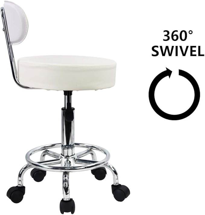 KKTONER PU Leather Rolling Stool Mid-Back with Footrest Height Adjustable Office Computer Home Drafting Swivel Task Chair with Wheels (White)